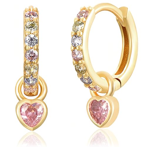 WOZNU Ohrringe Silber 925 für Damen Creolen Silber 925 Klein mit Zirkonia Ohrringe Herz Hängend Hypoallergen Mini Creolen Gold für Frauen