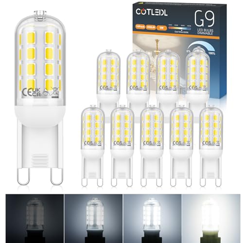 COTLEDL G9 LED Dimmbar Kaltweiss 6000K 450LM G9 Glühbirne 5W Ersatz 40W G9 Halogenlampe 360 Abstrahlwinkel Kein Flackern LED Leuchtmittel für Drinnen Schmücken Beleuchtung 10er Pack