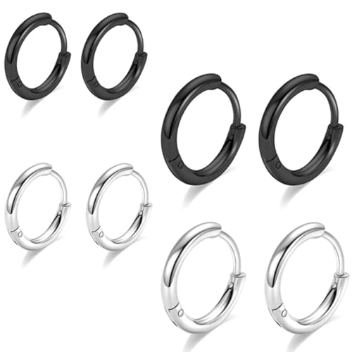 COYUN 4 Paare Edelstahl Creolen Ohrringe Herren Damen Creolen Klein 8MM 14MM Silber Schwarz