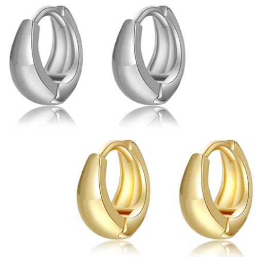 COYUN 2 Paar Chunky Creolen für Damen Creolen Ohrringe Damen Gold Silber Ohrringe Klobig Kleine Creolen Klobig Dick Knorpel Kreolen Huggie Creolen Mini Kleine Creolen Leicht Breit Ohrringe Mädchen