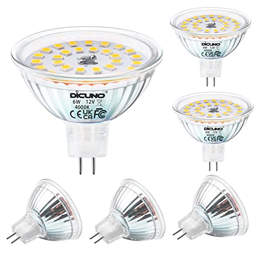 DiCUNO GU5.3 LED Neutralweiß 6W MR16 LED Lampe ersetzt 60-70W Halogen 4000K 580lm 12V DC Reflektorlampen 120 Abstrahlwinkel für Einbauleuchter Nicht dimmbar Kein Flackern 6er Pack