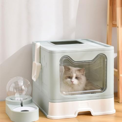 OHMG Katzenklo Edelstahl Katzentoilette mit Deckel Zubehör Inklusive Schaufel und Matte Katzen Klo Geschlossen Groß XXL Cat Litter Box Ausziehbares Tablett Pulver-51 41 38cm