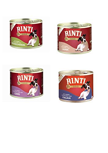RINTI Gold Hunde Nassfutter 8x185g Mixpaket 2x Lamm 2x Wildschwein 2x Fasan 2x Gans ohne Getreide