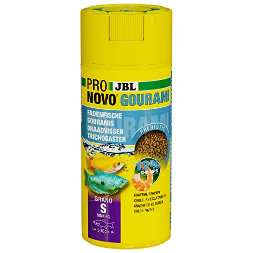 JBL PRONOVO GOURAMI GRANO Hauptfutter für Guramis Fadenfische und Labyrinther von 3-10 cm Fischfutter-Granulat Klickdosierer Größe S 250 ml