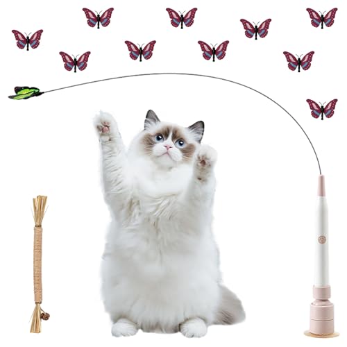 Flederi Electric Butterfly Toy for Active Cats Cat Butterfly Toy with Butterflies and Suction Cup Active Play Happy Cat Intelligent Stimulation Indoor and Outdoor Rosa Akku 10 Schmetterlinge