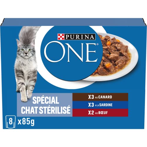 PURINA ONE BIFENSIS sterilisierte ausgewachsene Katze unterstützt die Vitalität der Katze Knochen Muskeln Gelenke in Sauce Ente Sardine Rind Frischebeutel 1 Stück 8 x 85g