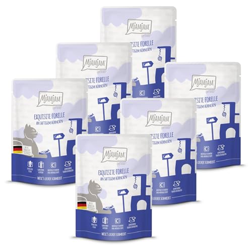 MjAMjAM - Premium Nassfutter für Katzen - Quetschie - exquisite Forelle an saftigem Hühnchen 6er Pack 6x300g getreidefrei