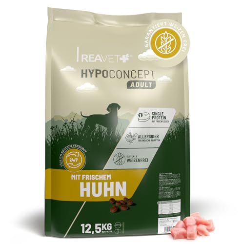 ReaVET HYPOCONCEPT Hundetrockenfutter Huhn Single-Protein mit Frischfleisch I Weizenfrei ohne Zucker Trockenfutter für alle Hunde Rassen auch für Sensible Hunde allergikerfreundlich I 12 5kg
