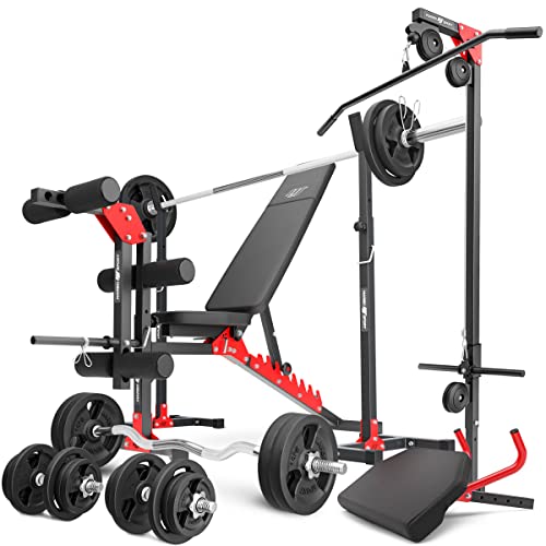 Marbo Sport Set MH25 Hantelbank 2-teiliger Langehantelständer Latzug Curl-Bank Beintrainer 1x SZ-Curlstange 2X Kurzhantelstange 1x Langhantelstange Gewichtsscheiben 113 insg. Kg