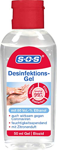 SOS Desinfektions-Gel mit 80 Vol.-% Ethanol 1 x 50 ml Handdesinfektion gegen 99 99% der Bakterien Pilze und Viren in 30 Sekunden Desinfektionsmittel für unterwegs