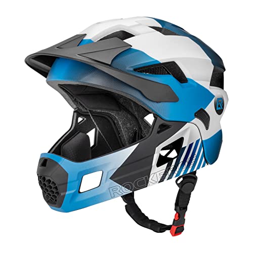 ROCKBROS Kinderhelm Integriert Jugend Fullface Abnehmbarem Kinnschutz BMX MTB Downhill Blau Abnehmbare krempe M 54 57cm