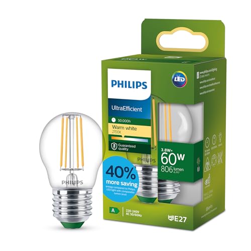 Philips LED UltraEfficient Clear P45 Glühfadenlampe E27 Edison-Schraube Energieklasse A 806 lm entspricht 60 W Warmweiß 2700 K EyeComfort 50.000 Stunden 1 Packung