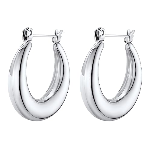 FindChic Edelstahl Creolen Ohrringe für Damen Mädchen klobige Silber Kreolen leicht Hohle Tropfenohrringe Hoop Earrings minimalistisch Schmuckgeschenk