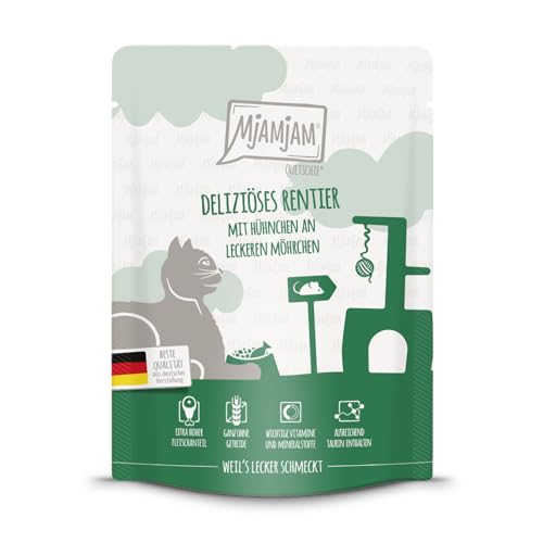 MjAMjAM - Premium Nassfutter für Katzen - Quetschie - deliziöses Rentier mit Hühnchen an leckeren Möhrchen 1er Pack 1 x 300 g getreidefrei mit extra viel Fleisch