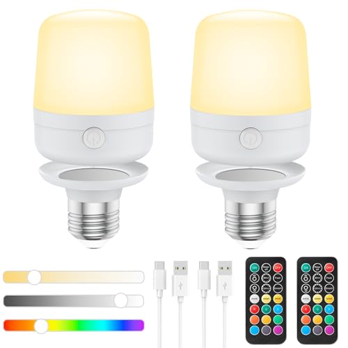 E27 Batterie Glühbirne Mit Fernbedienung Magnetische USB Wiederaufladbare Glühbirne Mit Schalter LED Dimmbar Akku Glühbirne Für Lampen RGB Farbwechsel Glühbirne 400LM Timer 2600mah 2 PACK