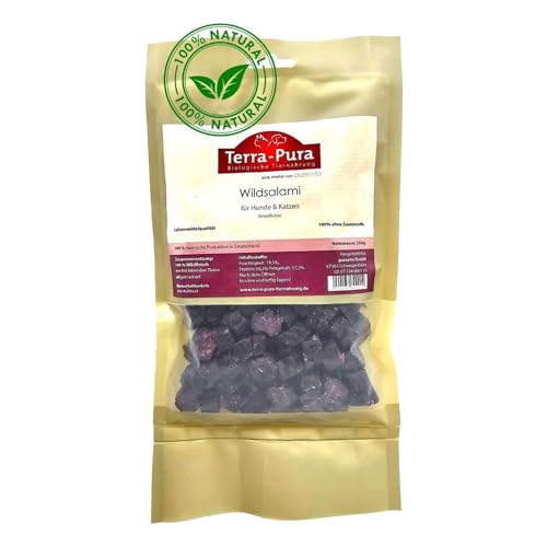 Terra-PURA Hunde Katzenfutter Wildsalami in Scheiben 250g Premium Hundefutter aus reinem Wildfleisch leicht gesalzen schonend luftgetrocknet Hundeleckerli Trockenfutter für Hunde Katzen
