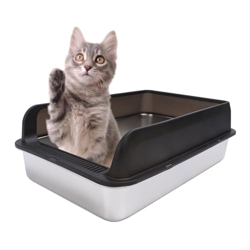 NSXAYIWE Edelstahl Edelstahlkatze Katzentoilette mit Deckel und Schaufel Antispritzer bedeckter Katzentoilette mit hohen Seiten halb geschlossen für Katzen L 5 to 7 Persons