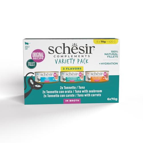 Schesir Variety Pack Vollständiges Nassfutter für Katzen in Brühe mit zugesetzten Vitaminen 100% natürliche Filets 6 Dosen 70 g