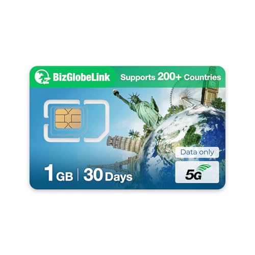 EIOTCLUB Prepaid SIM für Reisen BizGlobeLink Daten-SIM-Karte Internationale Nutzung in 200 Ländern nur Daten 5G 4G LTE Ohne Vertrag Nachfüllbar für Handys WLAN-Router Tablets