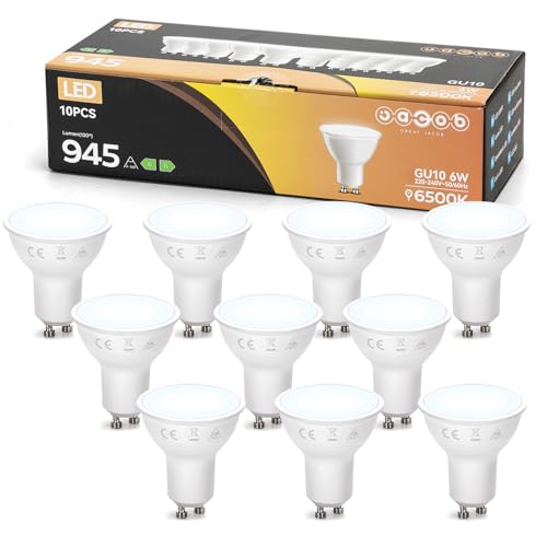 Great Jacob GU10 LED Lampe Glühbirnen Kaltweiß 6500K 6W Ersetzt 128W 945Lm GU10 LED Spotleuchte Abstrahlwinkel 100 Nicht Dimmbar 10er-Pack