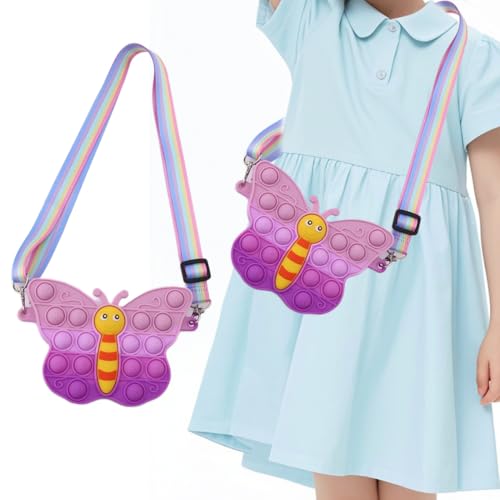 UIEXAY Pop It Tasche Purse Children Girls Soft 2 In 1 - Fidget Toys - Taschen Umhängetasche Mit Längenverstellbarem Tragegurt Pop It Schmetterling Tasche Für Kinder