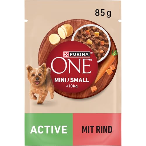 PURINA ONE Mini Small Active Hundefutter nass für kleine Hunde reich an Rind und Gemüse 26er Pack 26 x 85g
