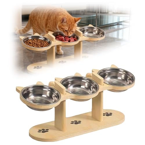 Katzennapf Erhöht Futterstation Katze mit 3 Edelstahl Näpfen Futternapf Katze Erhöht mit Holzständer Futternapf und Wassernapf Set für Katzen Welpen und kleine Hunde für Nass-Trockenfutter