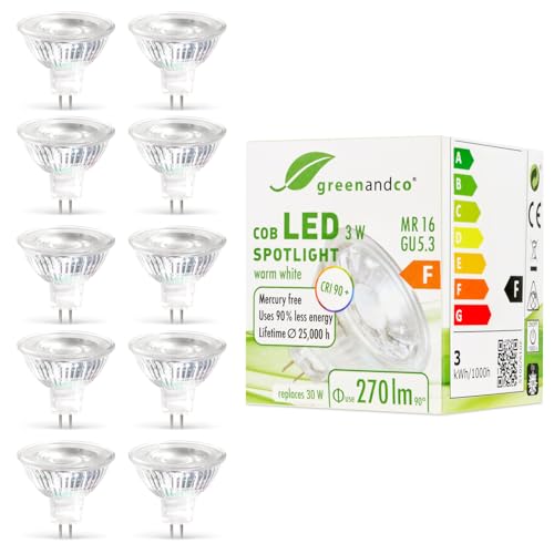 greenandco 10x MR16 GU5.3 ersetzt 30W warmweiß 2700K CRI 90 3W 270 lm 38 flimmerfrei COB LED Spot 12V AC DC nicht dimmbar