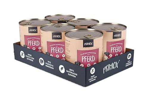 PRIMOX Fleischmecker Hunde-Nassfutter Getreidefrei 70% Fleisch Innereien Made in Germany 100% Natürlich Omega-3 für Haut Fell Gluten- Laktosefrei Pferd 6x800 g