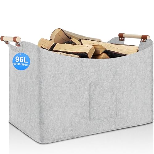 Faltbarer Holzkorb für Kaminholz 96L Kaminholzkorb Feuerholzkorb Korb für Kaminholz Brennholzkorb Filzkorb extra dicker Filz Holzkorb für Kaminholz verstärkter Griff 1 PACK Hellgrau