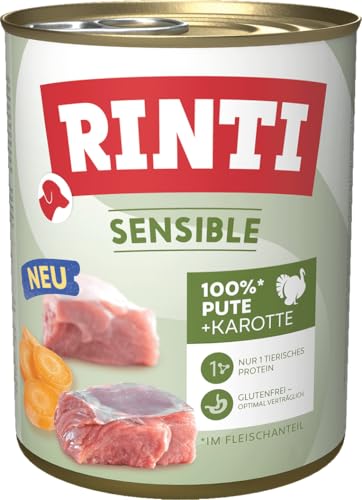 RINTI - Sensible Nassfutter für Sensible ausgewachsene Hunde mit natürlichen Fleischstücken. Getreidefreies Alleinfutter in der Dose ohne künstliche Zusätze 6x800g Pute Karotte