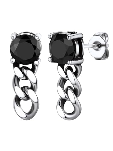 Bandmax Ohrringe für Herren Ohrstecker mit schwarzem rundem Zirkonia Männer Edelstahl Creolen Silber Hypoallergene Ohrringe mit kubanischer Kette Coole Ohr Piercing Rock Ohrschmuck für Freund