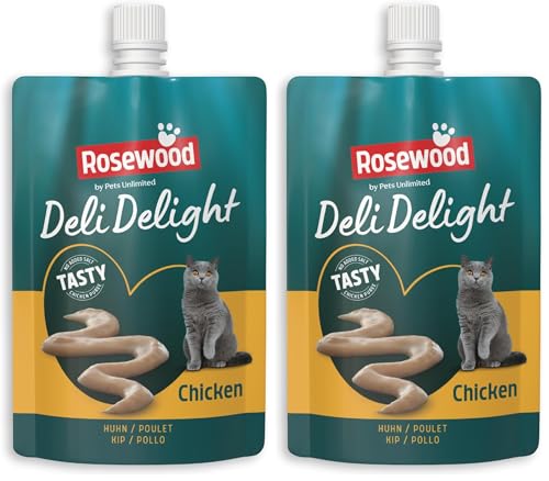Rosewood Deli Delight Hühnchen-Püree für Katzen 80g Zartes Topping oder Snack Feuchtigkeitsspendend Lecker Ohne Zusatzstoffe Packung mit 2