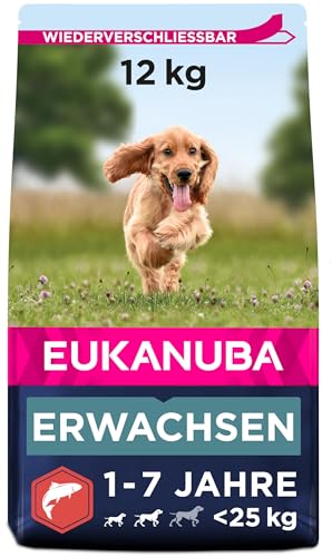 Eukanuba Hundefutter mit Lachs Gerste für kleine und mittelgroße Rassen - Trockenfutter für ausgewachsene Hunde 12 kg