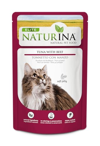 NATURINA - Elite Nassfutter für Katzen Thunfisch mit Rind gedämpft und in weichem Gelee Soft Jelly konserviert ohne Konservierungsstoffe und synthetische Farbstoffe für alle Größen 24 Beutel