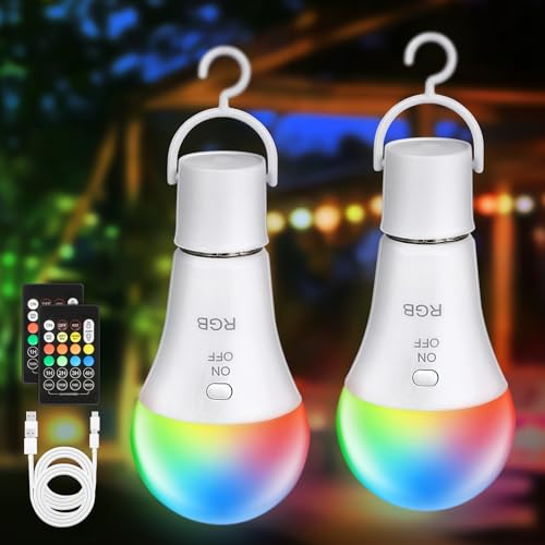 Kimjo RGB E27ühbirne mit Fernbedienung 2 Stück Aufladbareühbirne mit Batterie und Timer 7W Dimmbar Akku für Outdoor Camping 2000 mAh Mit Haken