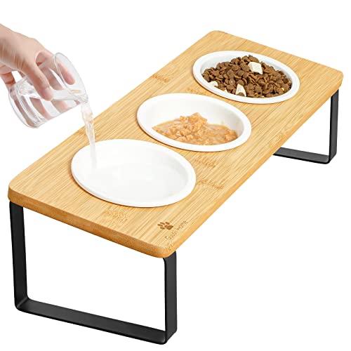 GUUSII HOME Katzennapf Erhöht Futternapf Katze Futterstation Keramik Napf Fressnapf 3er Set Holz Cat Bowl 12cm Ergonomischer Katzennäpfe 3 Teilig Katzenfressnapf Holzfarbe