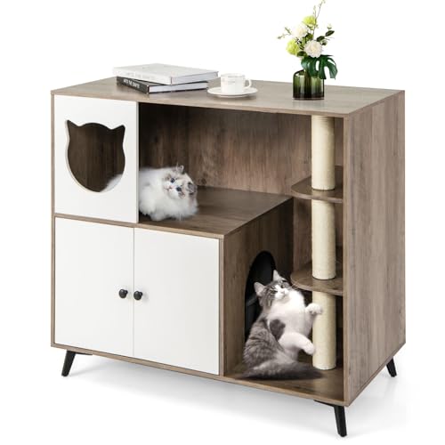 COSTWAY Katzenklo Schrank mit Kratzbaum Katzenschrank für Katzentoilette mit Katzenhaus Eingang 2 Türen Sisalstamm Metallbeinen Katzenmöbel Katzen 100 x 50 5 x 91 cm Grau