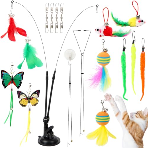 MOTIBACK Katzenspielzeug Angel mit Rotierendem Kopf Interaktive Katzenangel mit Federn Saugnapf Glöckchen für Selbstbeschäftigung Fliegender Vogel-Ersatz Stabiles Drahtspielzeug für Katzen