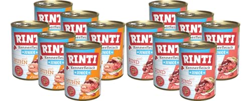 RINTI-Kennerfleisch Junior Mixpaket 12 x 400g Welpen-Nassfutter Huhn Rind Nassfutter für Welpen Getreidefrei mit Omega 3 Rübenfasern Juniorfutter ohne Soja