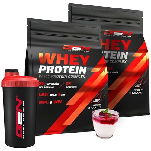 2 kg Whey Protein Komplex Premium Shaker - Mit Isolate Anteil - Instant lösliches Eiweiss Protein Pulver mit BCAA EAA - German Elite Nutrition - 2 x 1000 g Grießbrei Kirsch