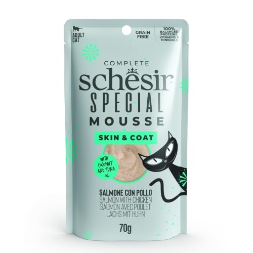 Schesir Special Nassfutter für anspruchsvolle Katzen 12 x 70 g 12 x Skin Coat Lachs mit Huhn