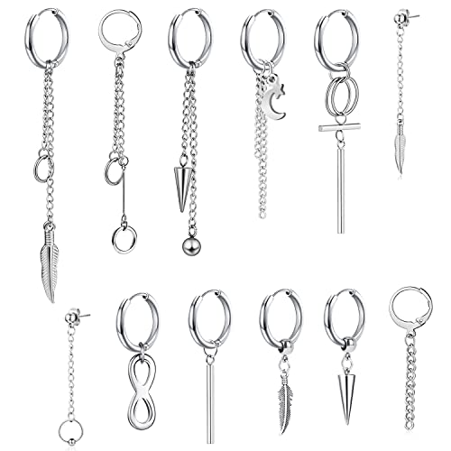Thokono 12Stücke Hoop Dangle Ohrringe Edelstahl Baumeln Klappbare Creolen Langkettiger Anhänger Kpop Ohrring Creolen Hängende Ohrringe mit kette Gothic Kreuz Kpop Lange Kette