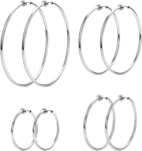 Morfetto 4 Paar Ohrclips Damen Ohne Ohrlöcher Edelstahl Creolen Clip Ohrringe für Damen Fake Ohrring Ohrclips Silber Klipp Fake Piercing Ohr 30 40 50 60mm