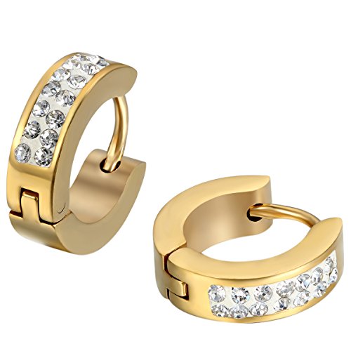 JewelryWe Schmuck 3 Paare Herren Damen Ohrringe Edelstahl Strass Poliert Creolen Ohrstecker Rot Gold Silber