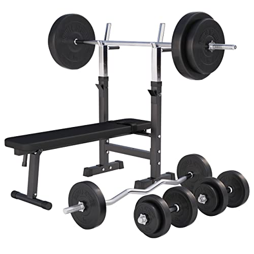 GORILLA SPORTS Hantelbank - mit Ablage und Dip-Station inkl. Hantelset 100kg Verstellbar Klappbar Schwarz Weiß - Drückerbank Fitness Flachbank Multifunktion Trainingsbank mit Gewichten