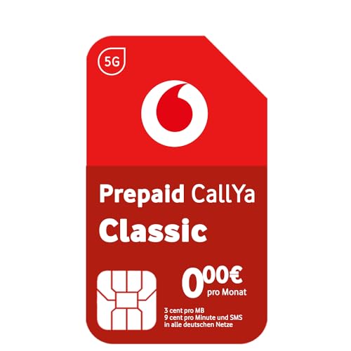 Vodafone Prepaid CallYa Classic SIM-Karte ohne Vertrag I 5G Netz 9 Ct. pro Min oder SMS in alle dt. Netze die EU I 3 Ct. pro MB I 10 Euro Startguthaben