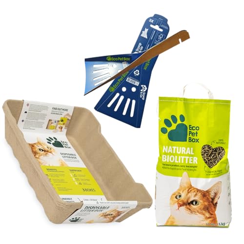 EcoPetBox Recyclebare Katzentoilette Set 3 große Einweg Bio-Katzenklos 5 kg Natur-Katzenstreu 3 Schaufeln biologisch abbaubar plastikfrei Hygienisch geruchshemmend sofort einsatzbereit