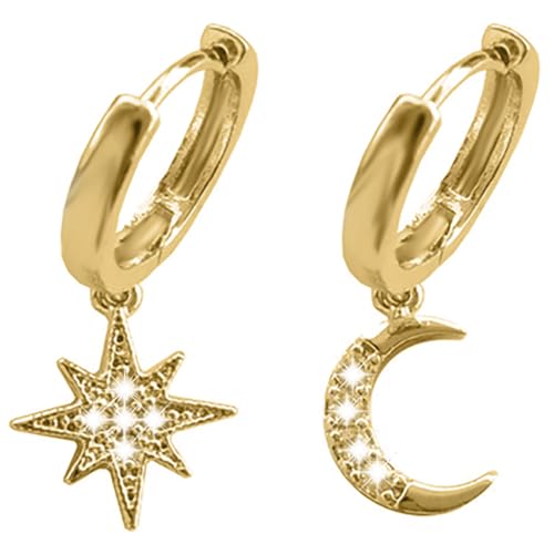 BONNYBIRD Ohrringe Mond und Stern Gold - Creolen mit Anhänger Asymmetrische Ohrringe Edelstahl Damen Wasserfest Schmuck Frauen Vergoldet Hypoallergen Chirurgenstahl Medizinisch Nickelfrei
