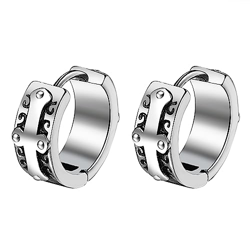 Flongo 4 Paare Damen Creolen Ohrringe Wikinger silber Huggie Ohrstecker Edelstahl mit Kreuz Cross Hoop Gothic Ohrschmuck punk earrings für Herren Frauen Mädchen Weihnachten
